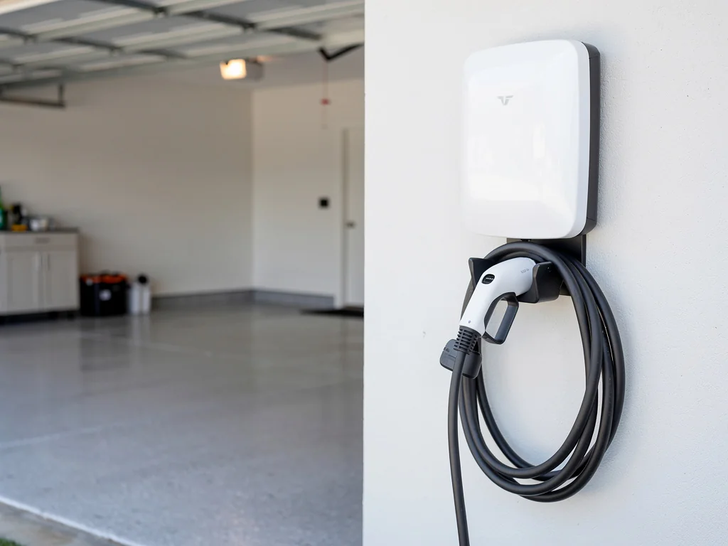 Wallbox de recharge fixée au mur du garage d'un pavillon