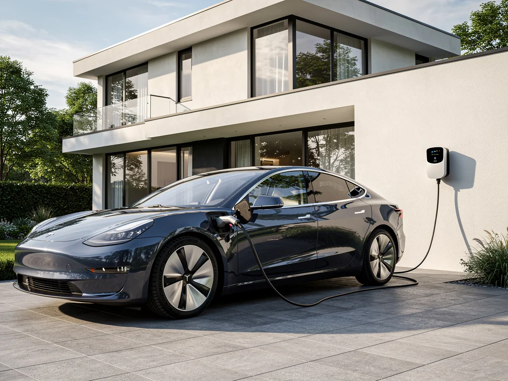 Berline électrique branchée sur une borne de recharge devant une maison