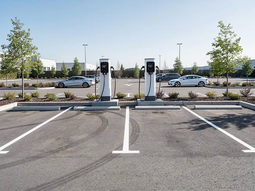Deux bornes de recharge sur pied alignées sur un parking d'entreprise